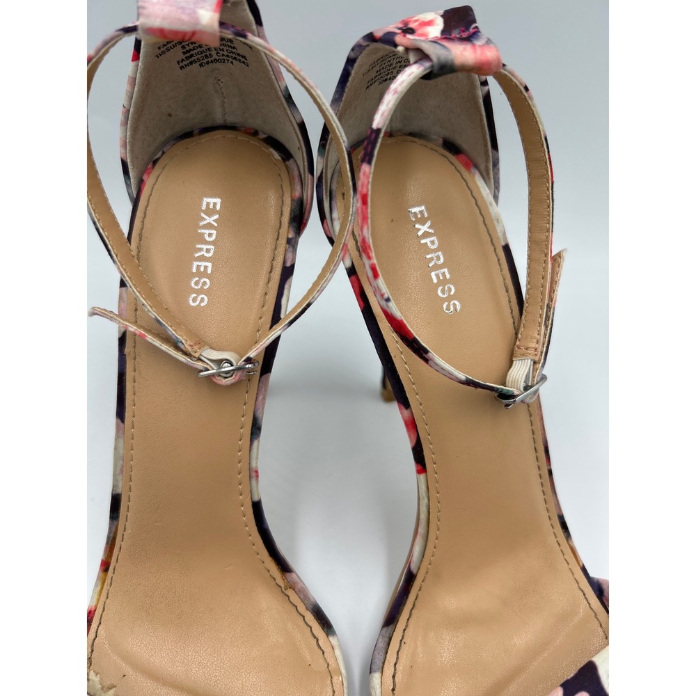 Express Floral Ankle Strap Stiletto Sandals Pink Black White Size 7 Open Toe - Picture 5 of 8